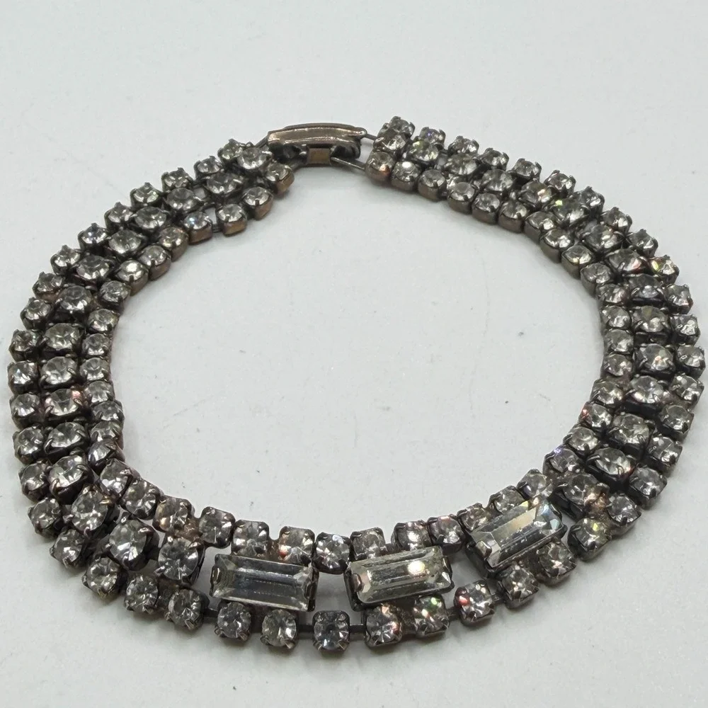 Clear Rhinestone Silver Tone Multi Row Bracelet Baguette Statement Bridal Gift